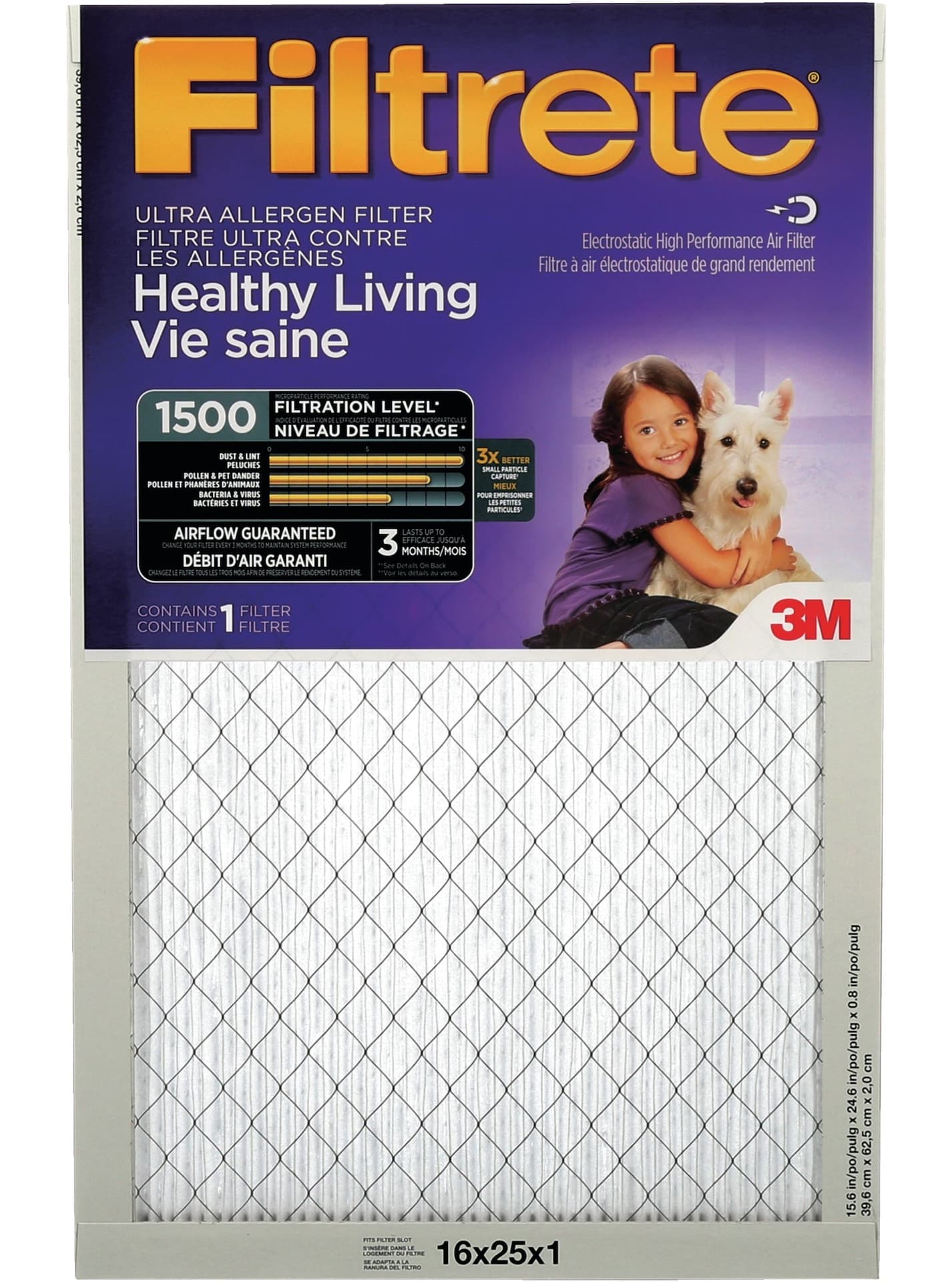 3M™ Filtrete™ Healthy Living Ultra Allergen Air Filter, MPR 1500, 16 x 25 x 1-in, 1-pk