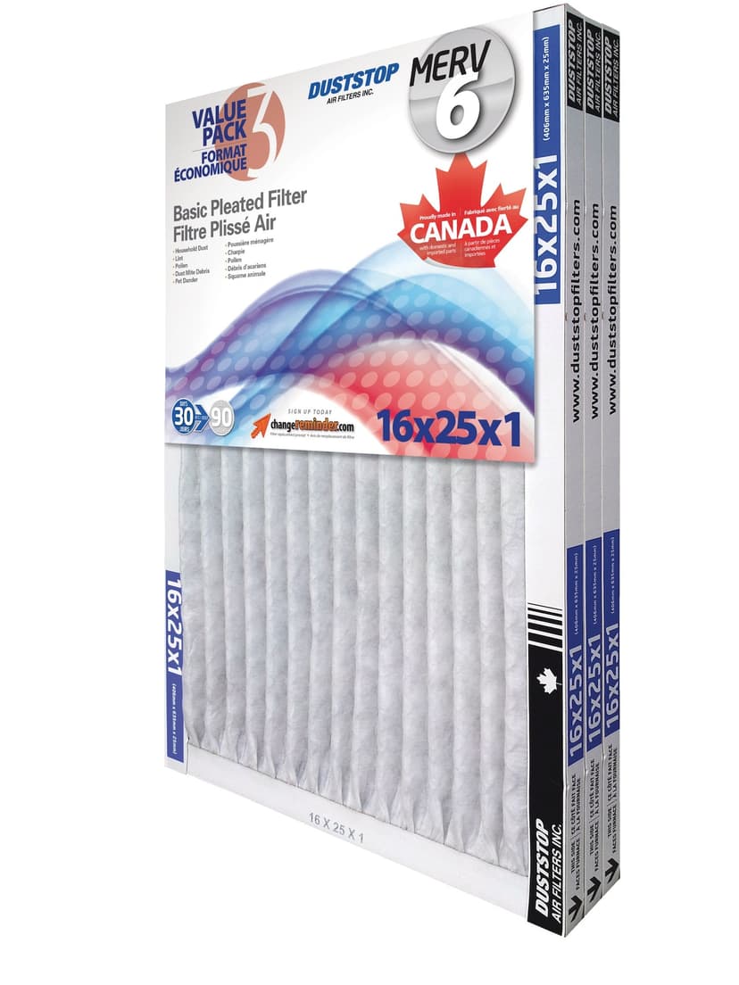 Duststop MERV 6 Basic Pleated Air Filters, 16 x 25 x 1-in, 3-pk