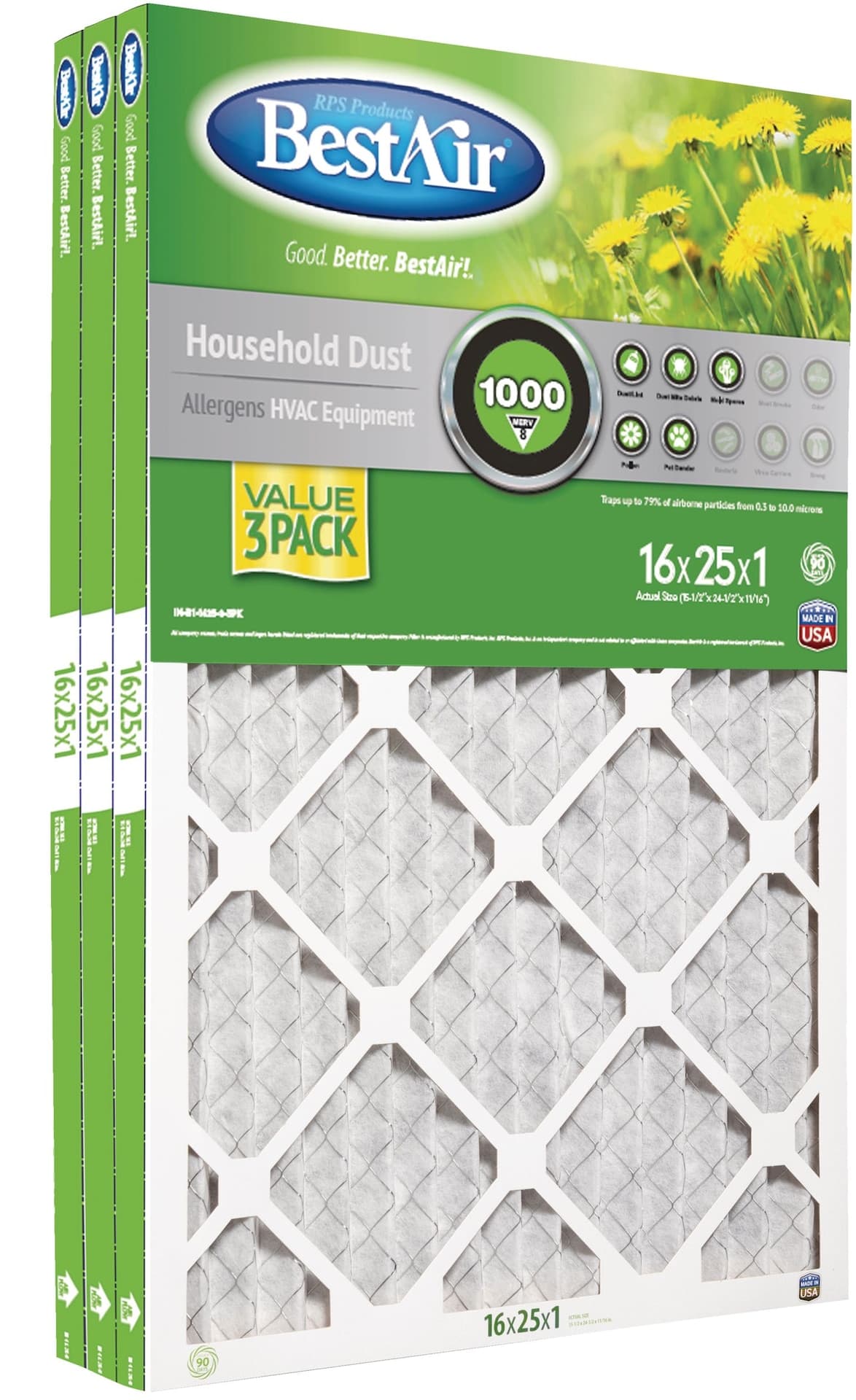 BestAir MERV 8 Household Dust Reduction Pleated Furnace Air Filters, MPR 600, 16 x 25 x 1-in, 3-pk