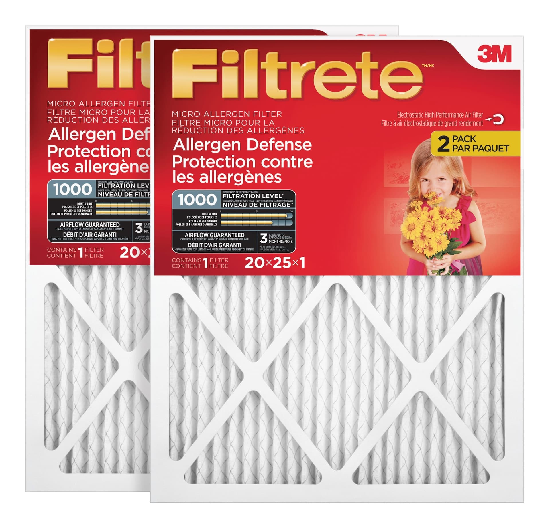 3M™ Filtrete™ Allergen Defense Micro Allergen Air Filters, 1000MPR, 20 x 25 x 1-in, 2-pk