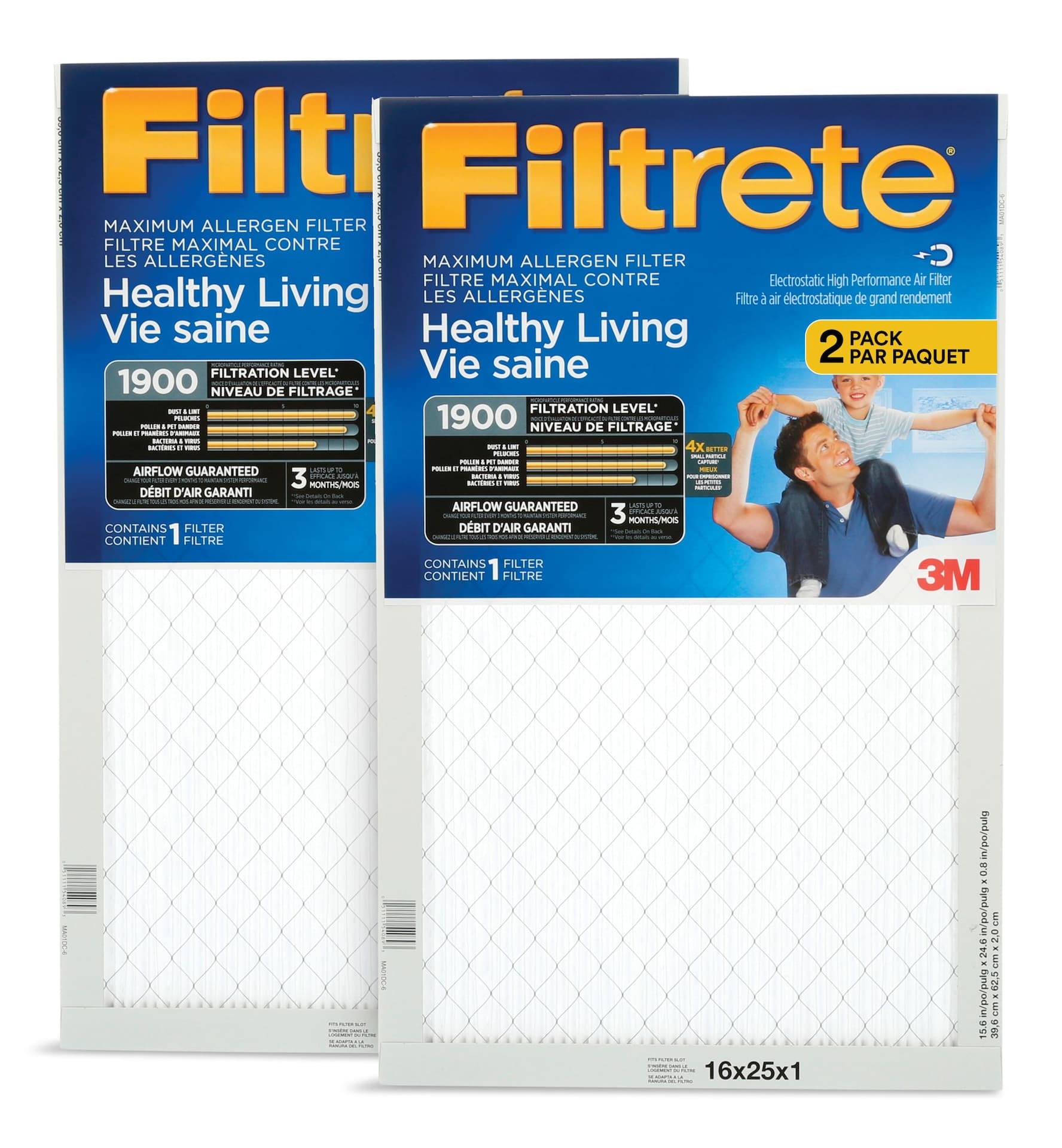 Filtrete™ 3M™ Healthy Living Maximum Allergen Air Filters, MPR 1900, 16 x 25 x 1-in, 2-pk
