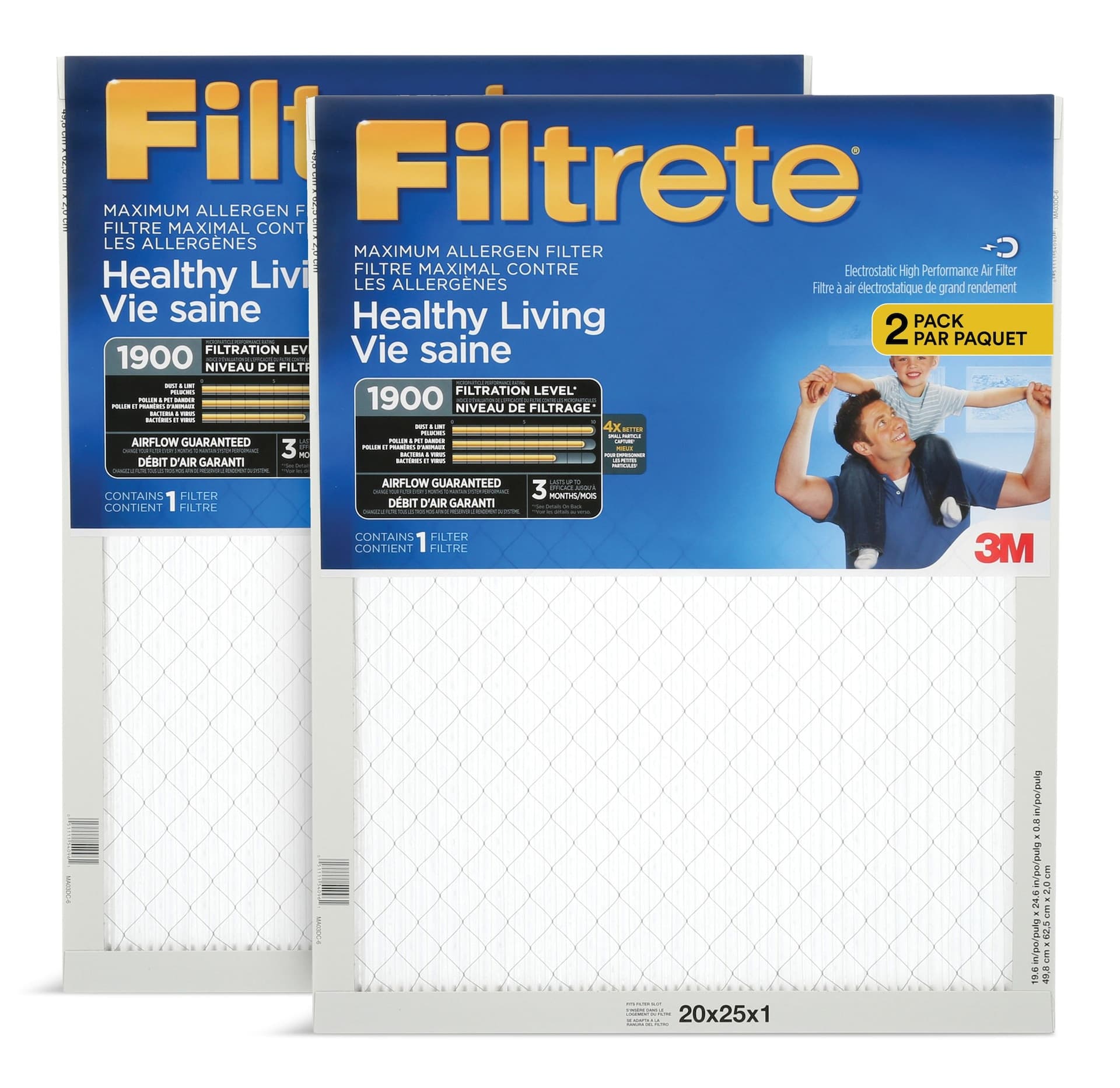 3M™ Filtrete™ Healthy Living Maximum Allergen Air Filters, MPR 1900, 20 x 25 x 1-in, 2-pk