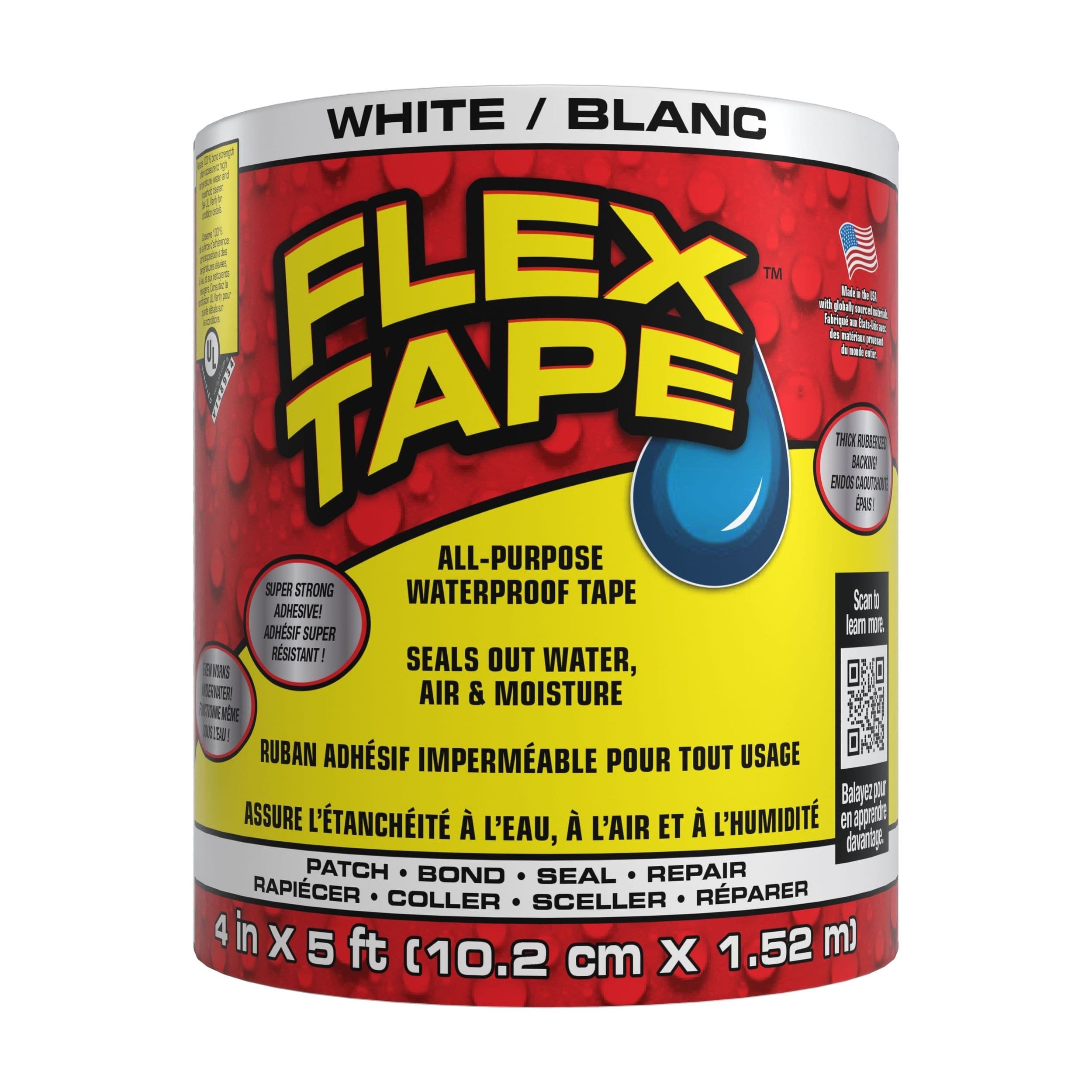 Flex Tape Rubberized Waterproof Adhesive Tape, Seals & Repairs Leaks, White, 4-in x 5-ft