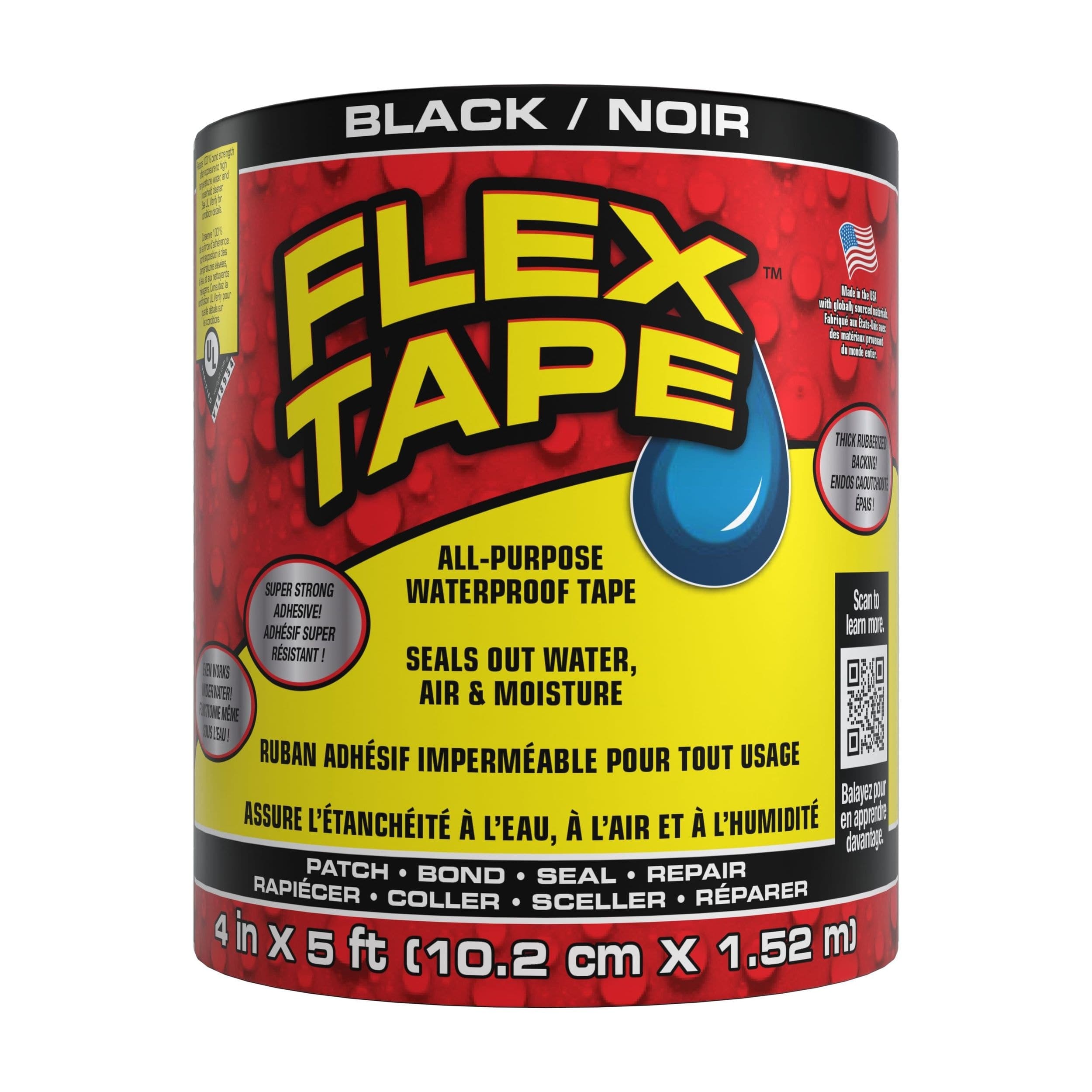 Flex Tape Rubberized Waterproof Adhesive Tape, Seals & Repairs Leaks, Black, 4-in x 5-ft