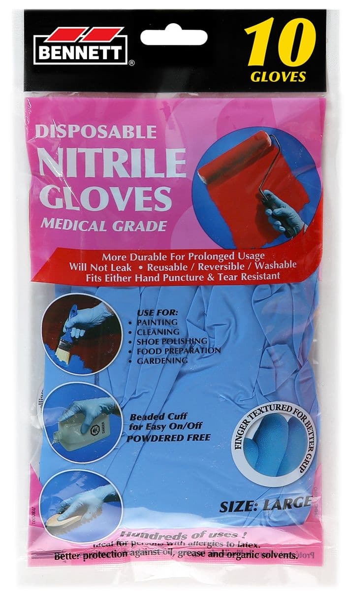 Bennett Nitrile Disposable Gloves, Medical Grade, Large, 10-pk