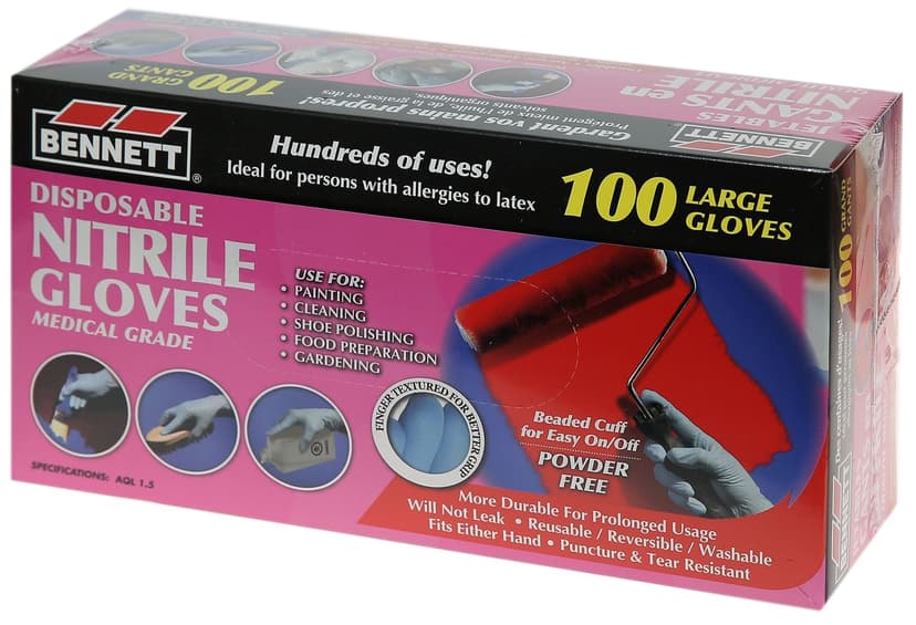 Bennett Nitrile Disposable Gloves, Medical Grade, Large, 100-pk