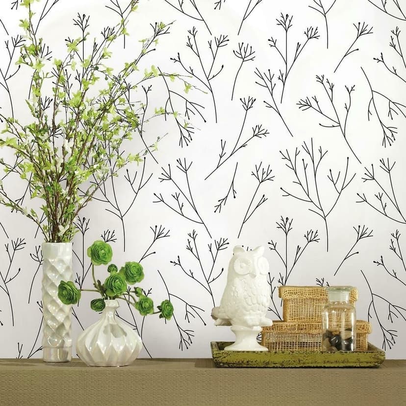Roommates Peel Stick Removable Wallpaper, Repositionable & Washable, Black & White Stick Flower Twigs, 20.5-in x 16.5-ft