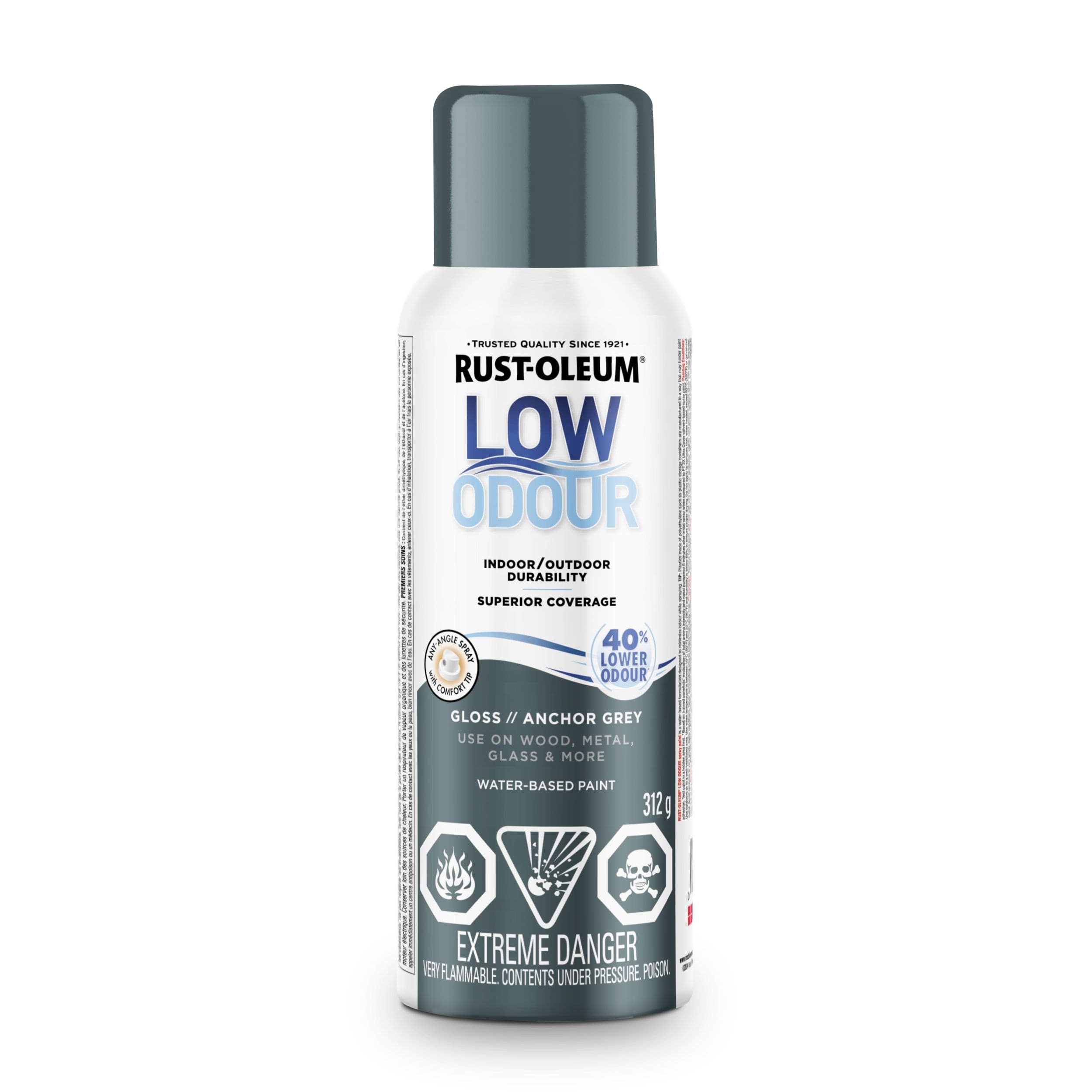 Rust-Oleum Low Odour Water-Based Paint Spray Aerosol, Gloss, Anchor Grey, 312-g