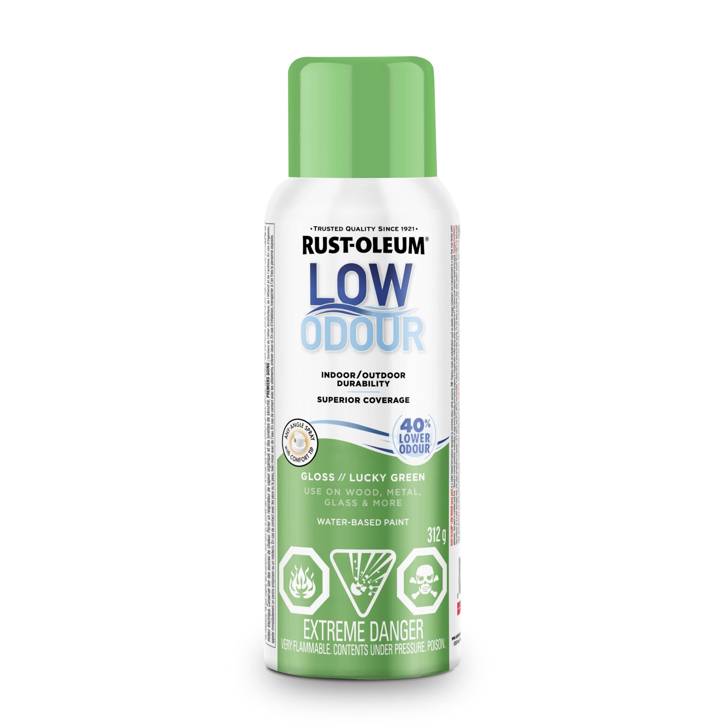 Rust-Oleum Low Odour Water-Based Paint Spray Aerosol, Gloss, Lucky Green, 312-g