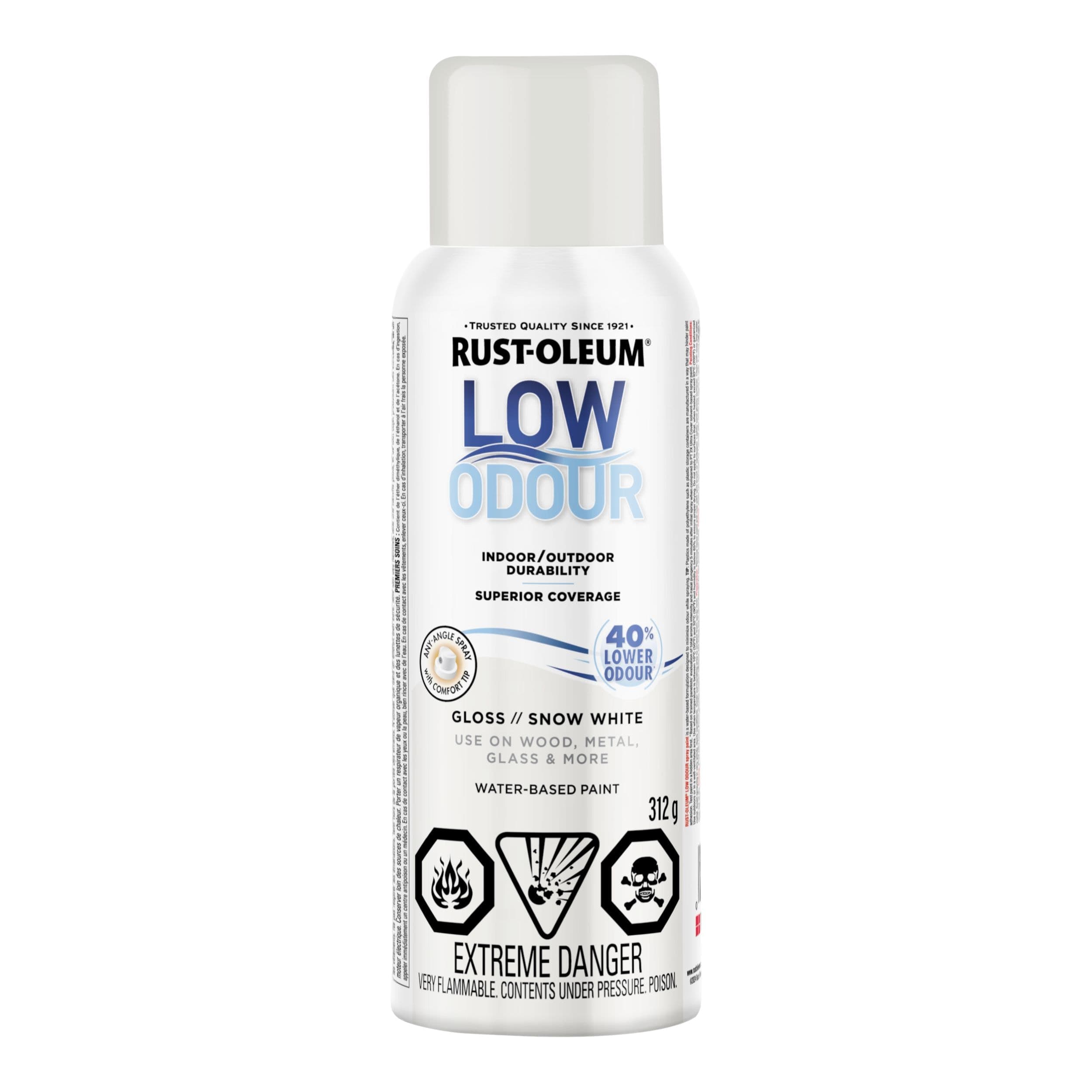 Rust-Oleum Low Odour Water-Based Paint Spray Aerosol, Snow White, 312-g