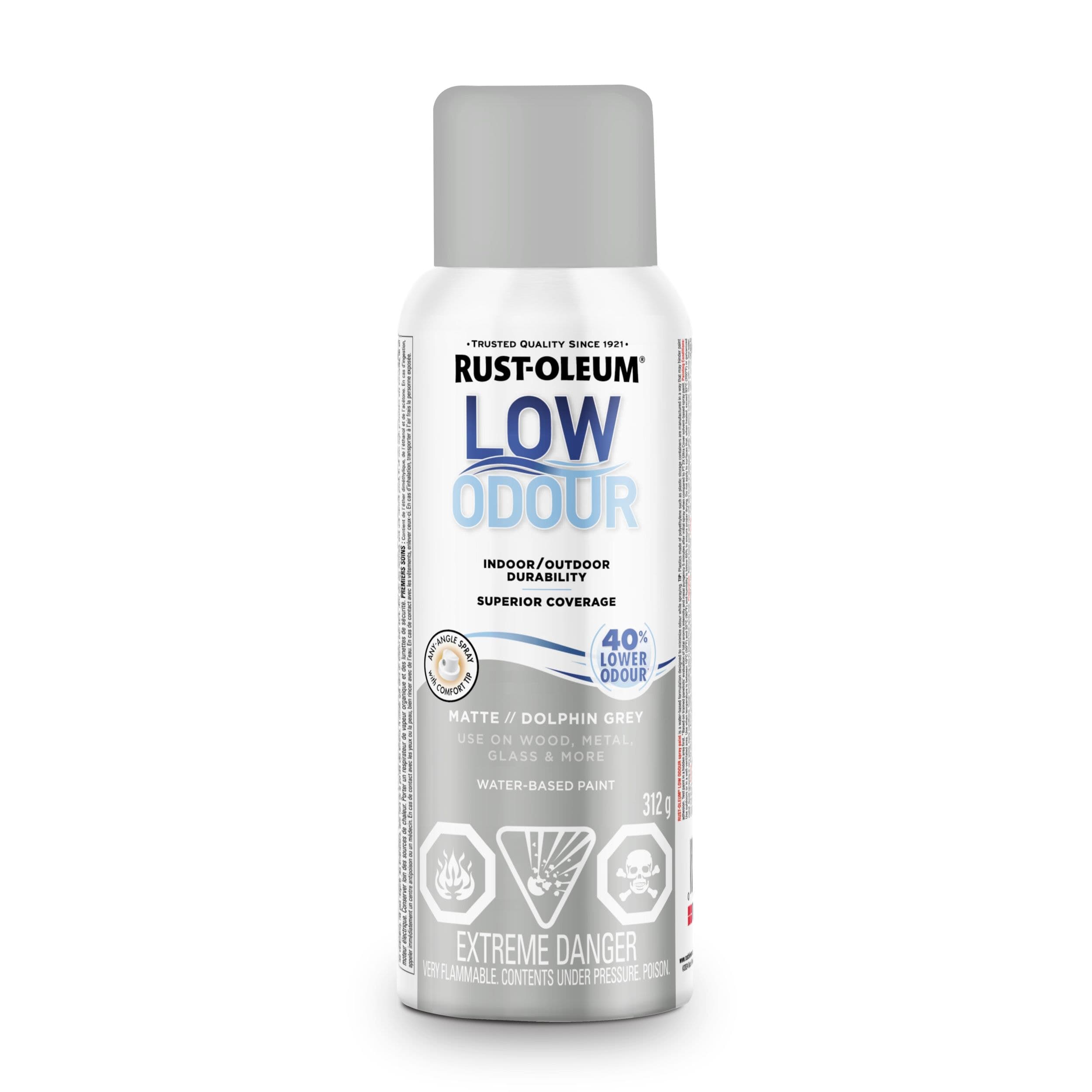 Rust-Oleum Low Odour Water-Based Paint Spray Aerosol, Matte, Dolphin Grey, 312-g