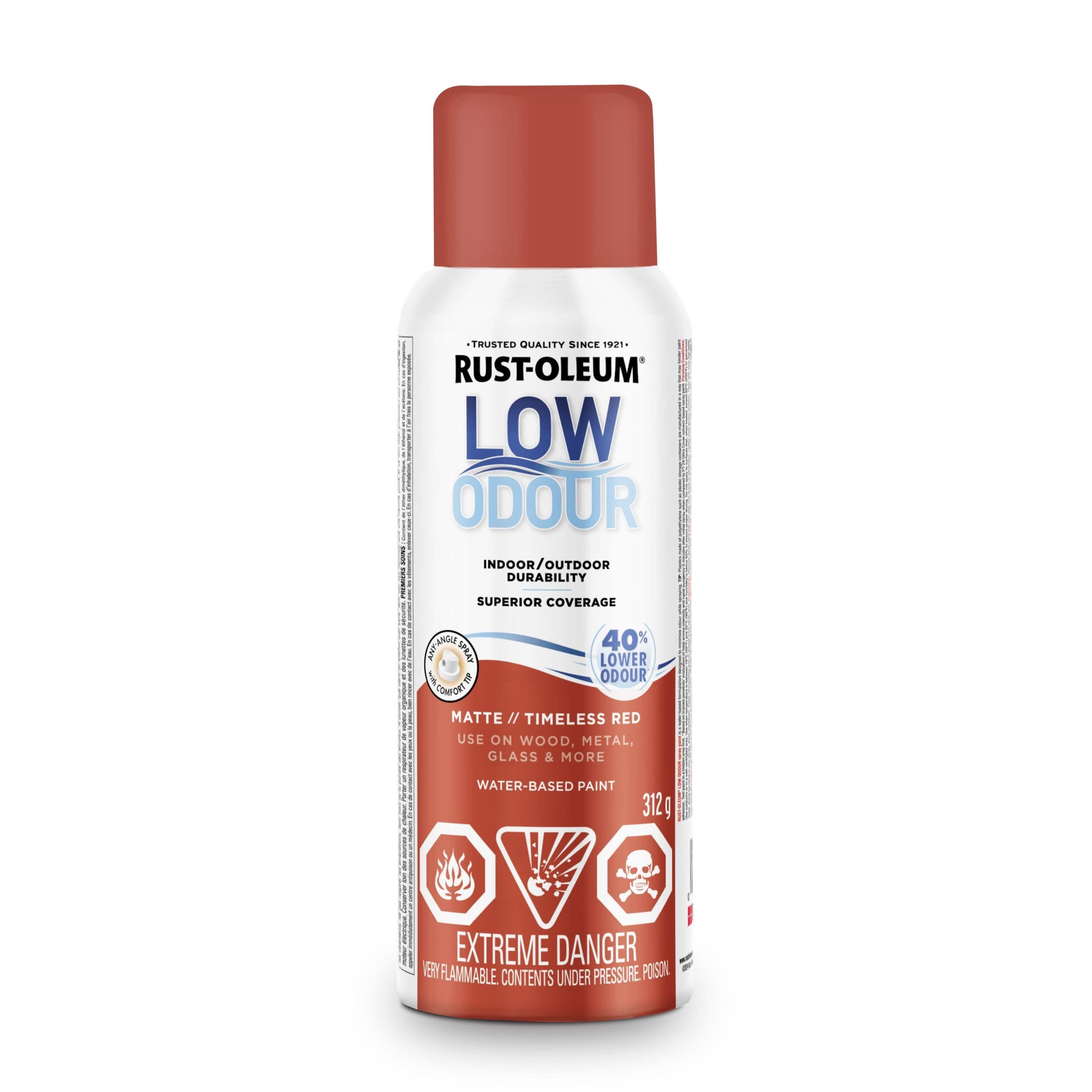 Rust-Oleum Low Odour Water-Based Paint Spray Aerosol, Matte, Red, 312-g