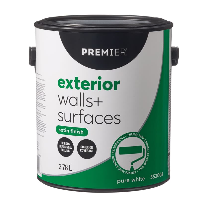 Premier Exterior Walls & Surfaces Paint & Primer, Satin Finish, Pure White, 3.78-L