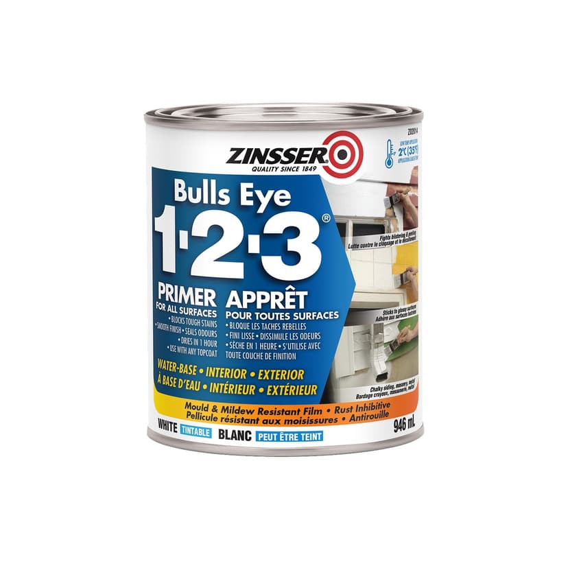 Zinsser Primer Bulls Eye 1-2-3 Water-Based - Sealer For All Surfaces, White, 946-mL/1-qt
