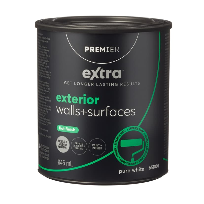Premier Extra Exterior Walls & Surfaces Paint & Primer, Flat Finish, Pure White, 945-mL