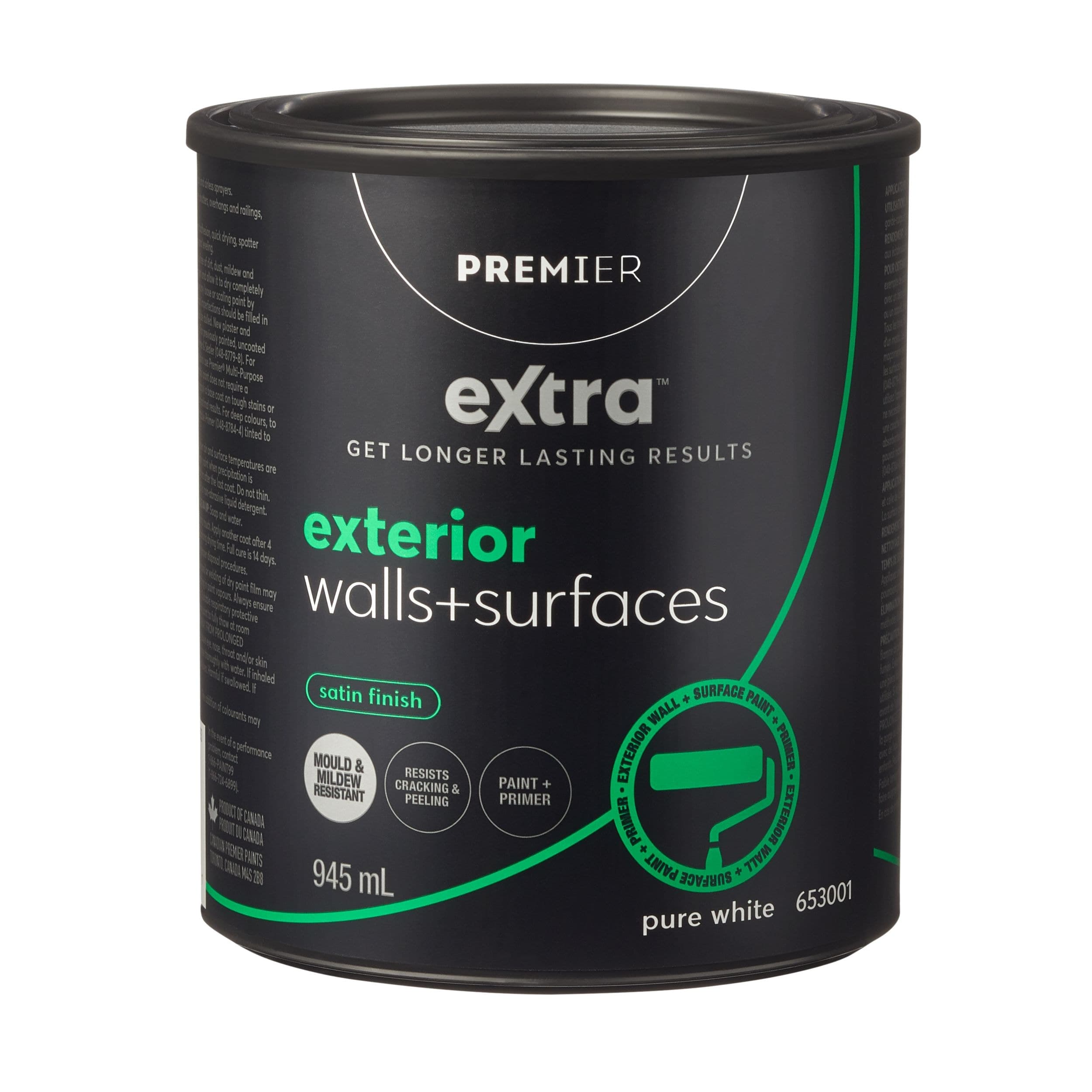 Premier Extra Exterior Walls & Surfaces Paint & Primer, Satin Finish, Pure White, 945-mL