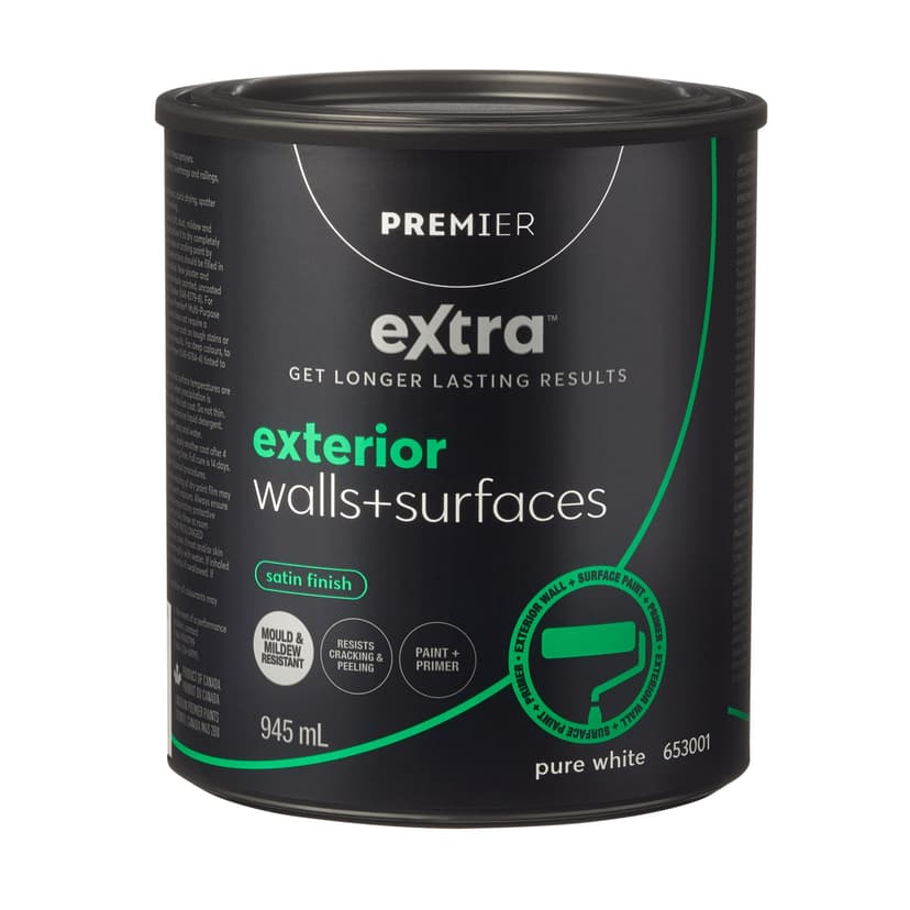 Premier Extra Exterior Walls & Surfaces Paint & Primer, Satin Finish, Pure White, 945-mL