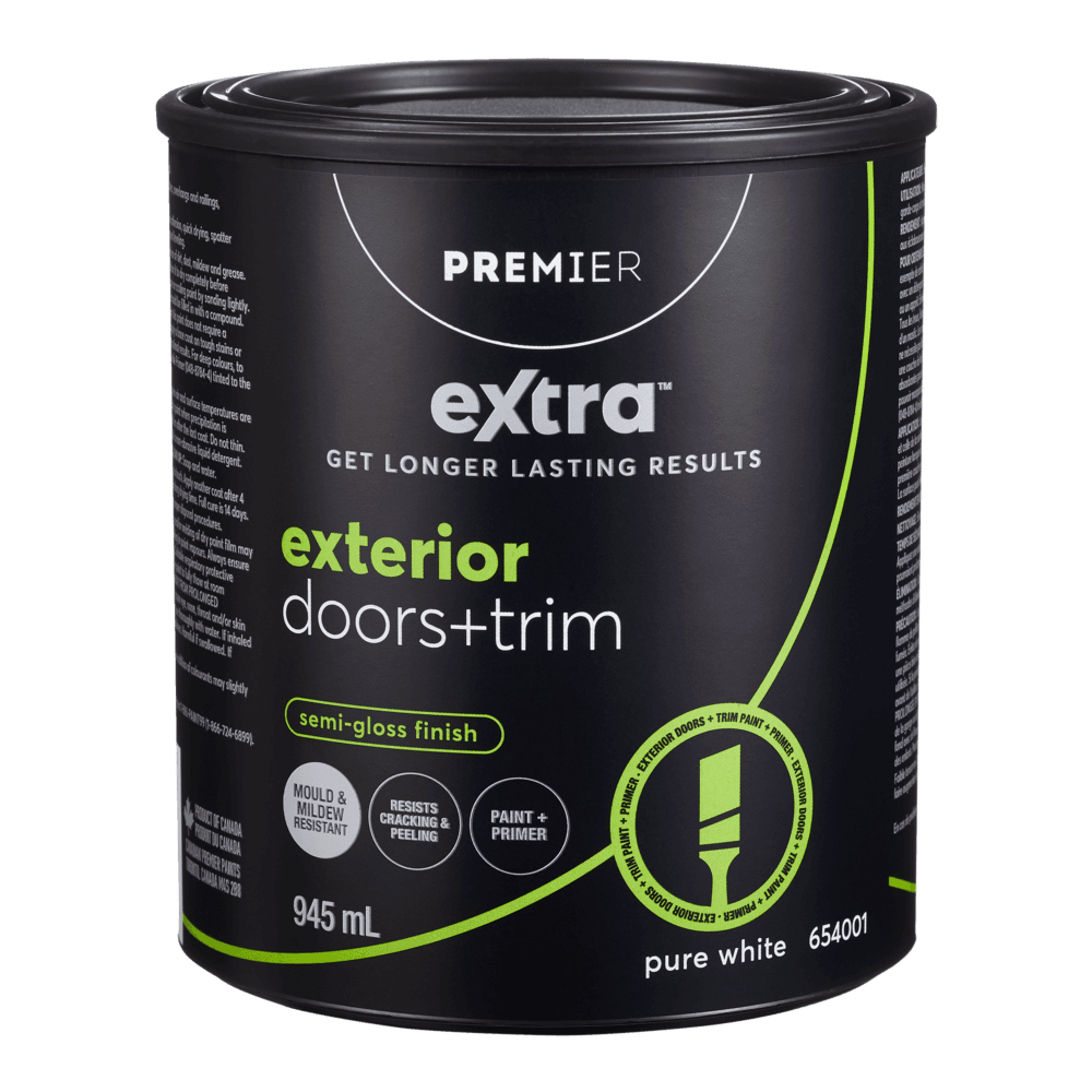 Premier Extra Exterior Doors & Trim Paint & Primer, Semi-Gloss Finish, Pure White, 945-mL