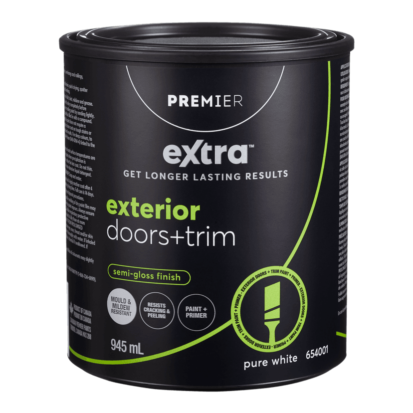 Premier Extra Exterior Doors & Trim Paint & Primer, Semi-Gloss Finish, Pure White, 945-mL