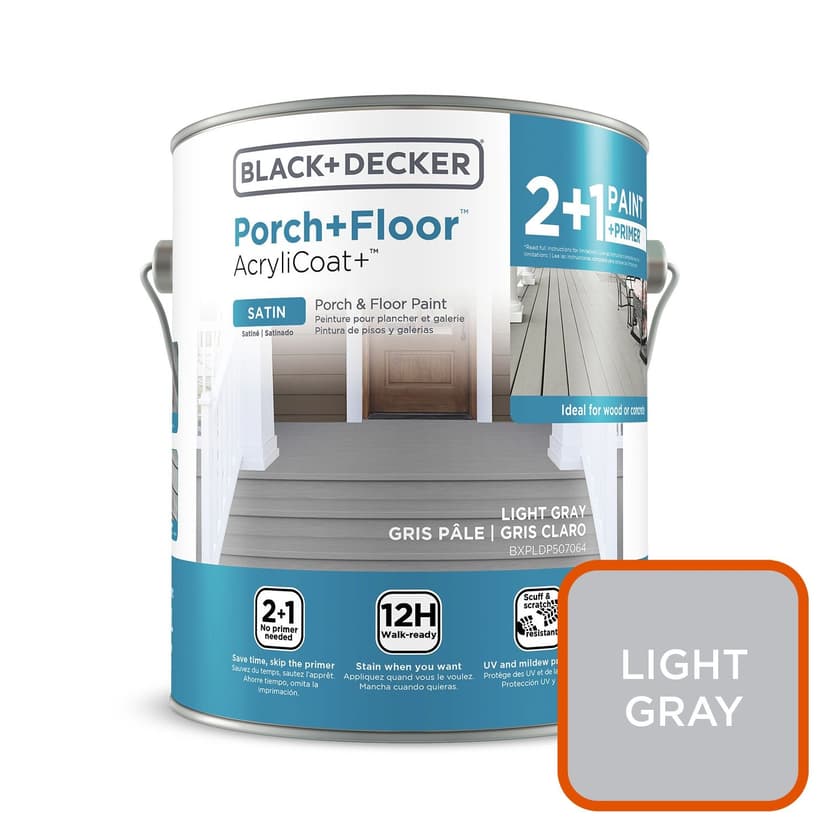 Black & Decker Acrylic Polymer Porch & Floor Coating Paint, All-Weather, Satin, Light Gray, 3.7-L