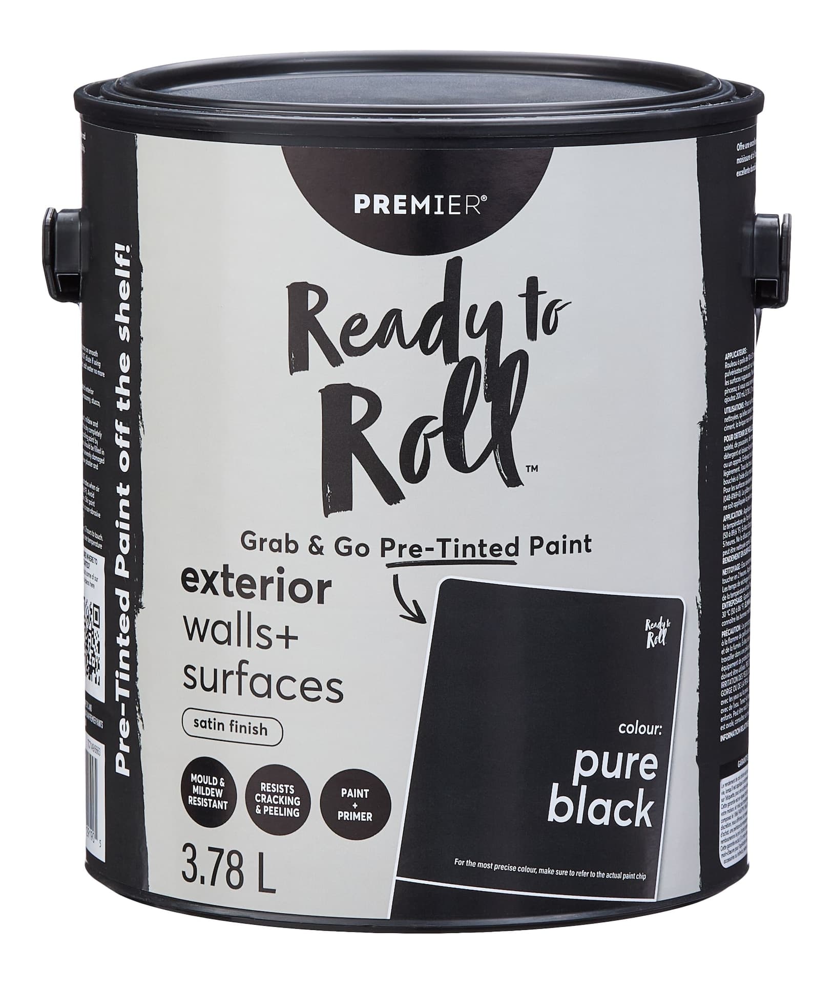 Premier Ready To Roll Exterior Paint, Satin, Pure Black, 3.78-L