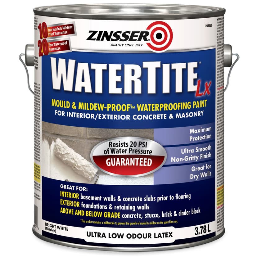 Zinsser WaterTite Lx Waterproofing Paint For Concrete & Masonry, Bright White, 3.78-L