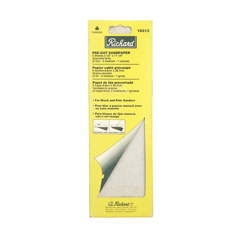 Richard Pre-Cut Fine, Medium & Coarse Grit Block/Pole Sandpaper Sheets 3-1/2 x 11-1/4-in, 5-pc