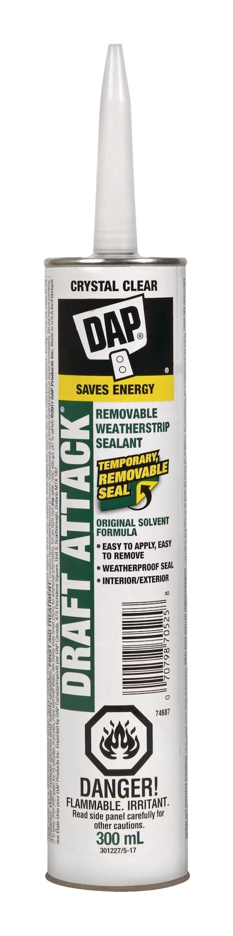 DAP Draft Attack Caulking Indoor/Outdoor Removable Weatherstrip Sealant, Clear, 300-mL