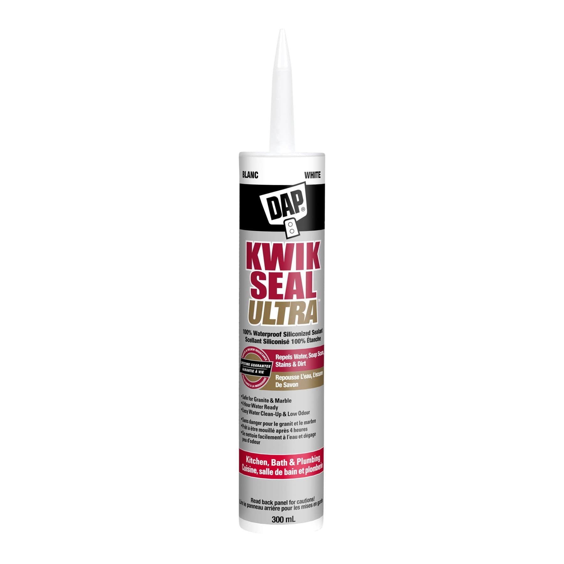DAP Kwik Seal Ultra Kitchen, Bath & Plumbing Siliconized Sealant, White, 300-ml