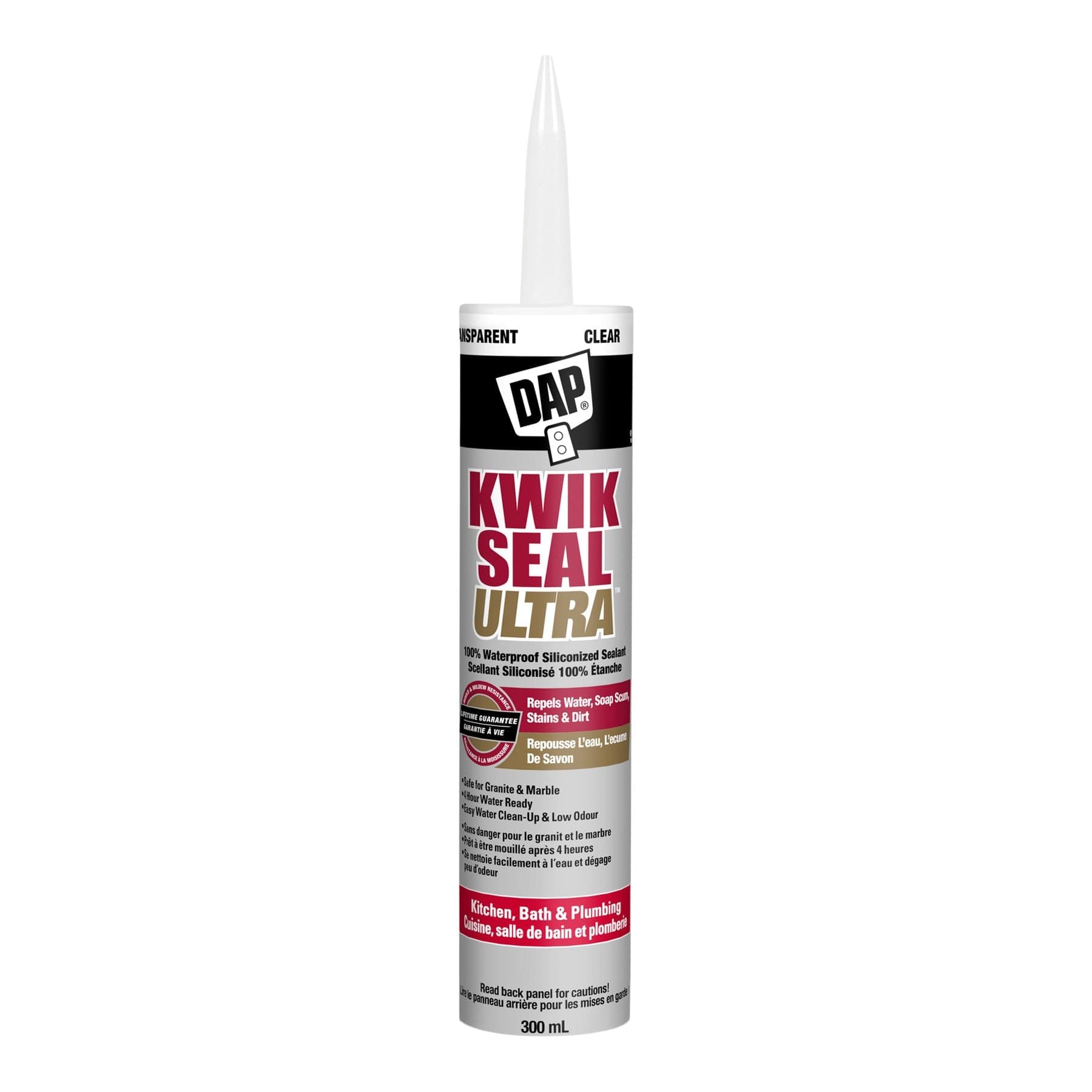 DAP Kwik Seal Ultra Kitchen, Bath & Plumbing Siliconized Sealant, Clear, 300-ml