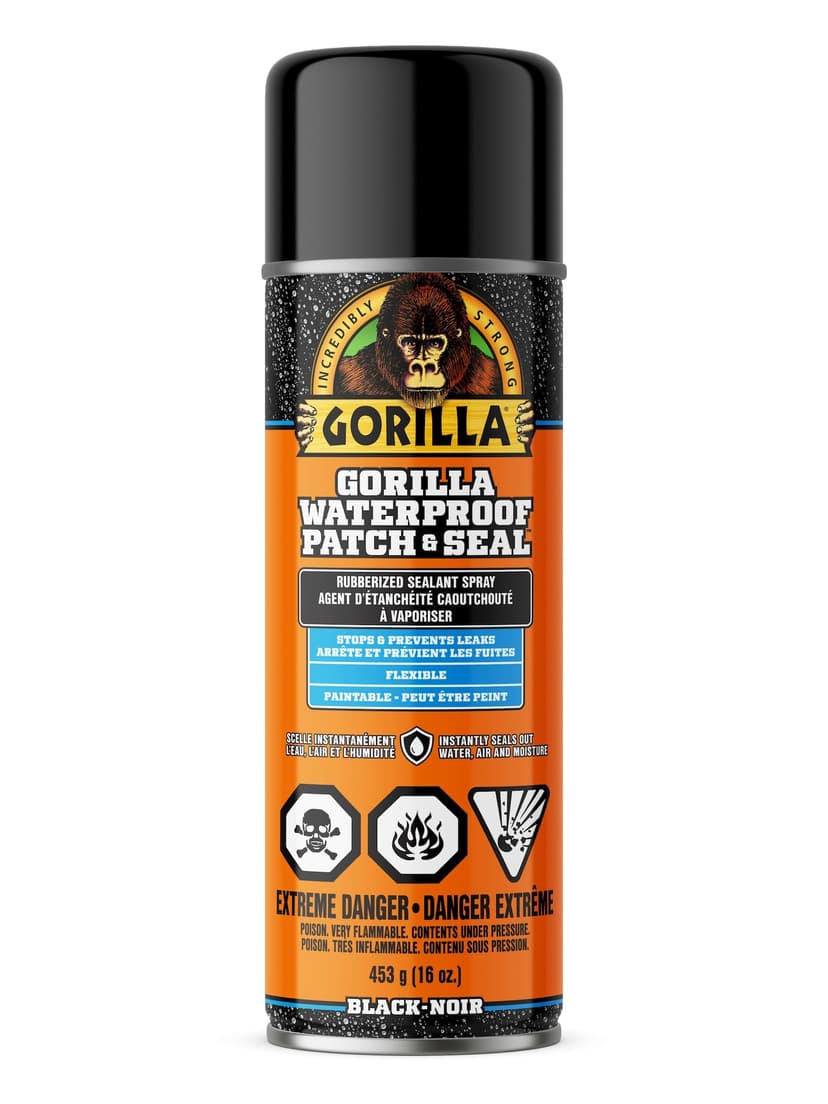 Gorilla Waterproof Patch & Seal, Indoor/Outdoor Rubberized Sealant Spray, Black, 16-oz