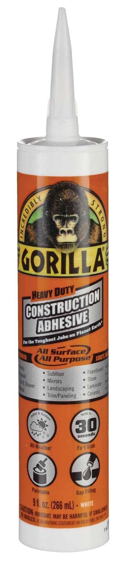 Gorilla Heavy-Duty Construction Adhesive Glue, All-Weather, Indoor/Outdoor, White, 9-oz