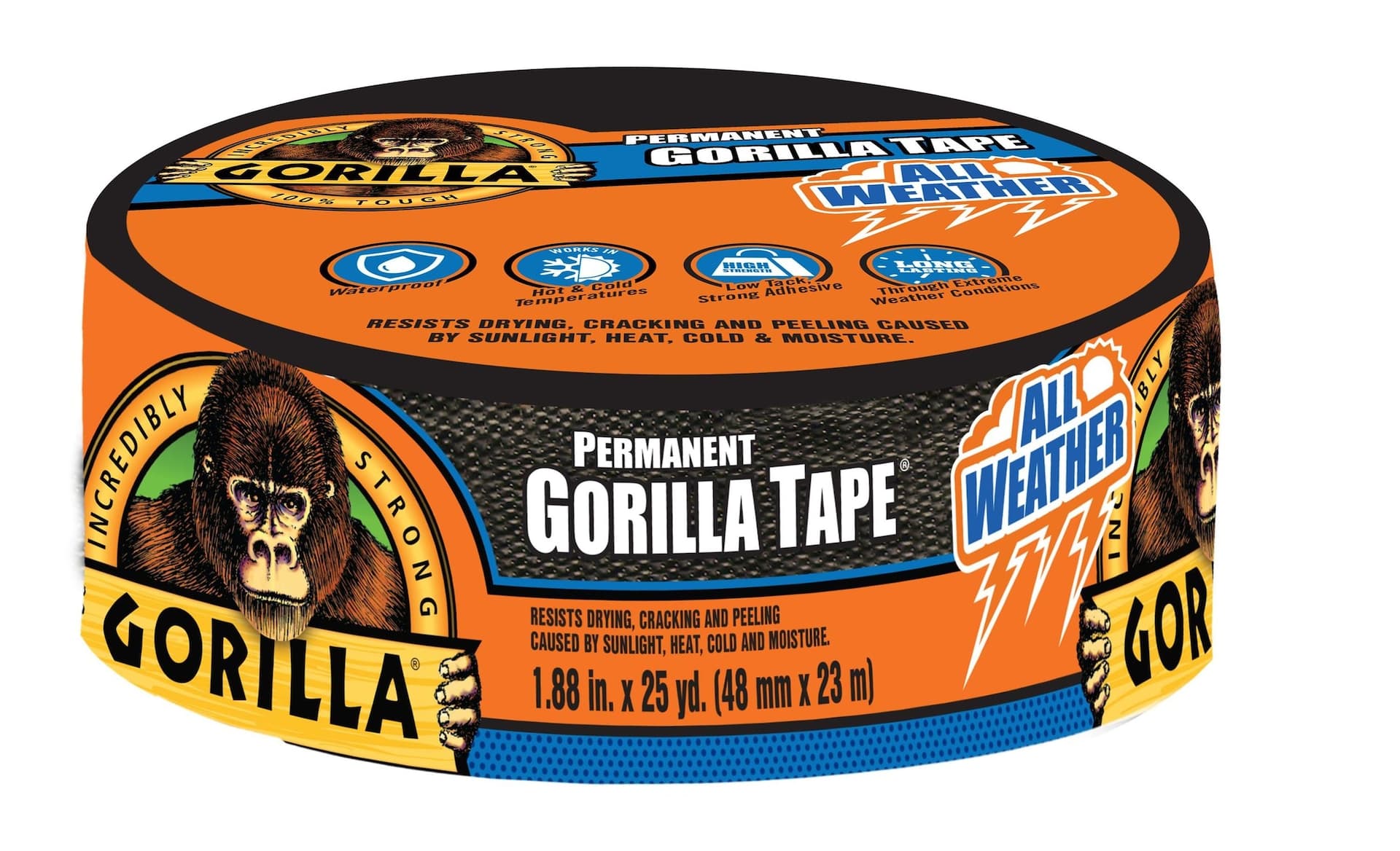 Gorilla Permanent All-Weather Outdoor Tape, Waterproof, UV-Resistant, 1.88-in x 25-yd