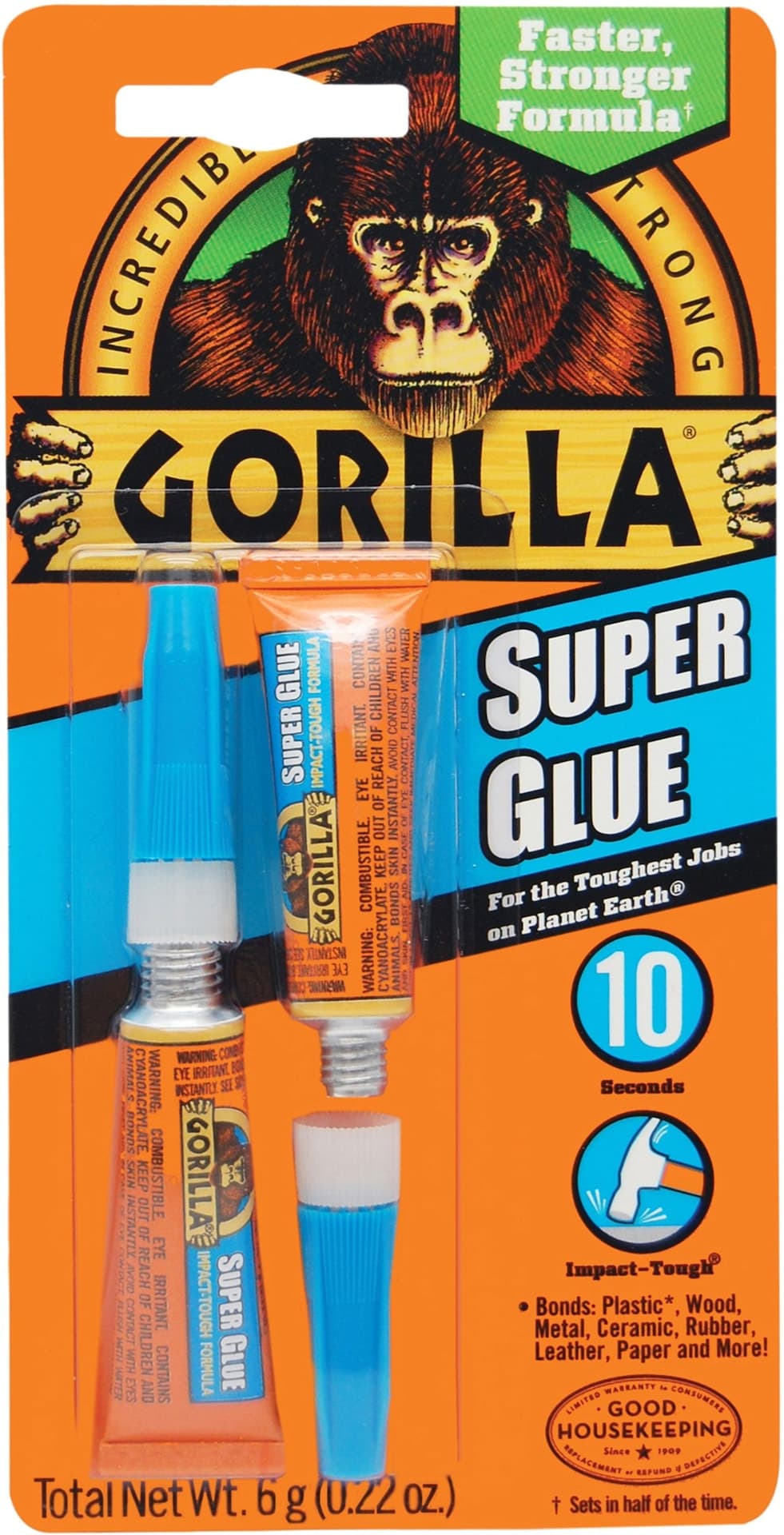 Gorilla Multi-Purpose Fast-Setting Super Glue Adhesive with Anti-Clog Cap, Clear, 6-g, 2-pk