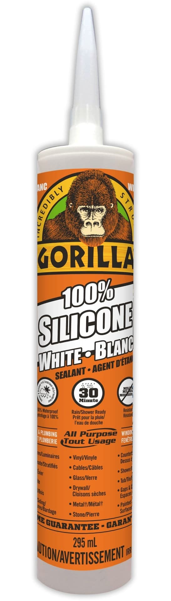 Gorilla All-Purpose Silicone Sealant, Indoor/Outdoor, Crack & Waterproof, White, 295-mL