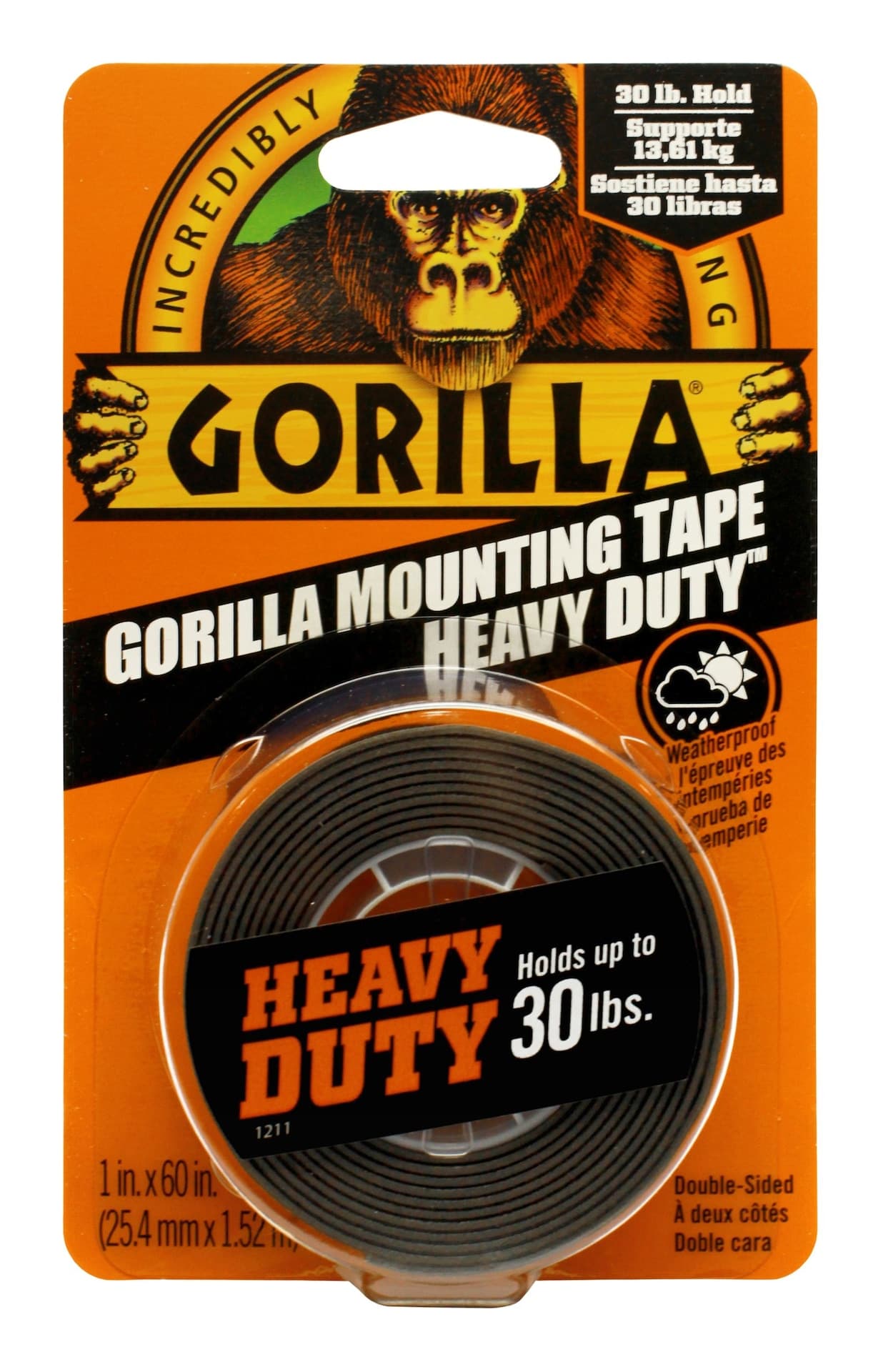 Gorilla Heavy-Duty Weatherproof Double-Sided Mounting Tape, Holds 30-lbs, Black, 1 x 60-in