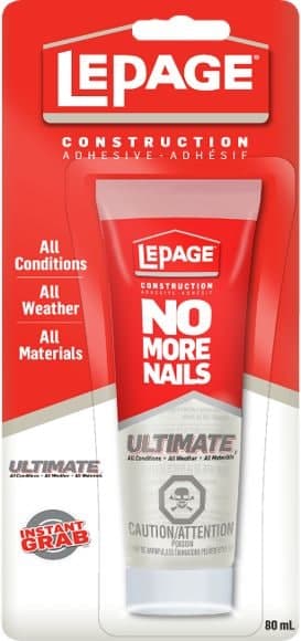LePage No More Nails All-Purpose Construction Adhesive Glue, Waterproof, Clear, 80-mL