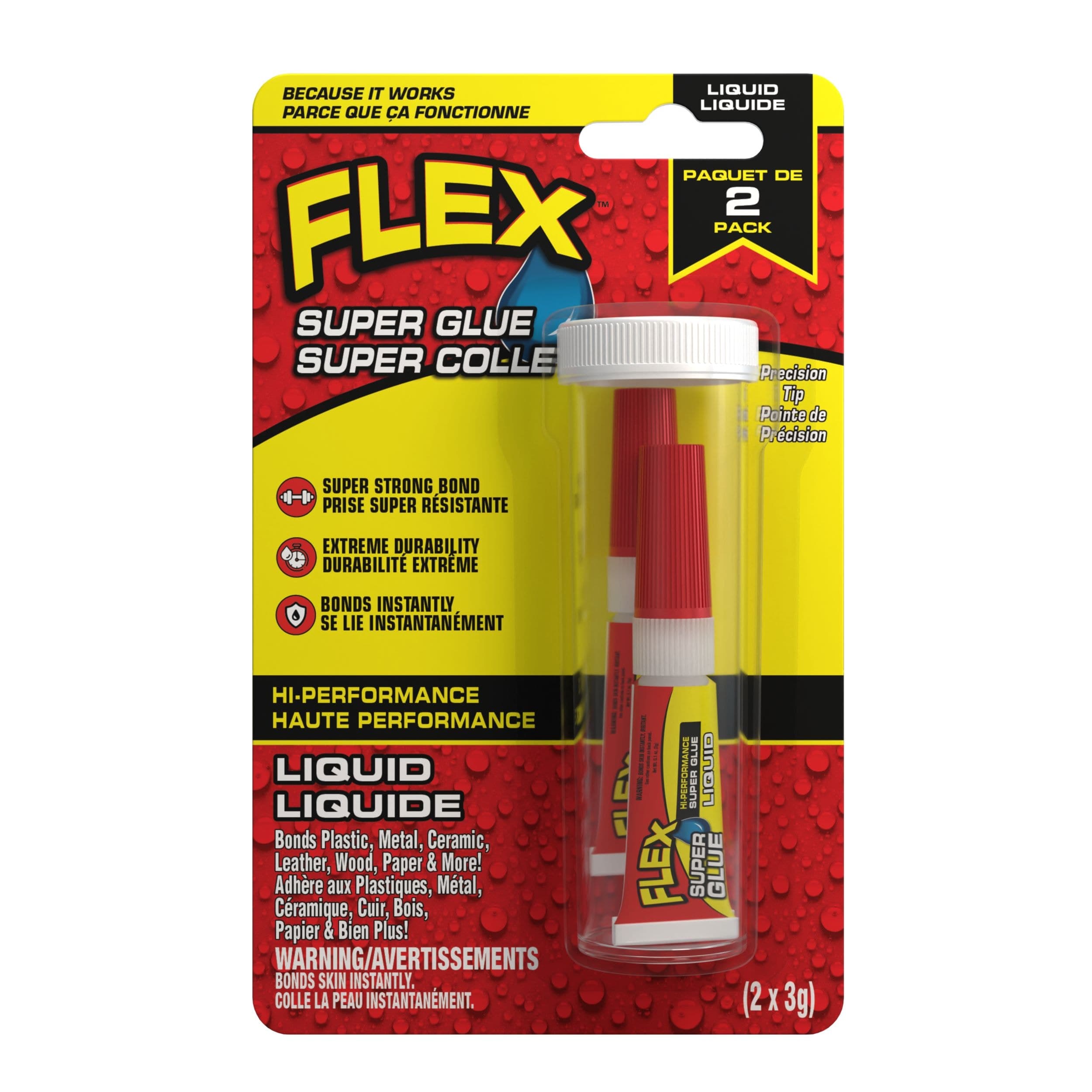 Flex Super Glue™ Hi-Performance Liquid Rubberized Adhesive Glue with Precision Tip, 3g Tube, 2-pk