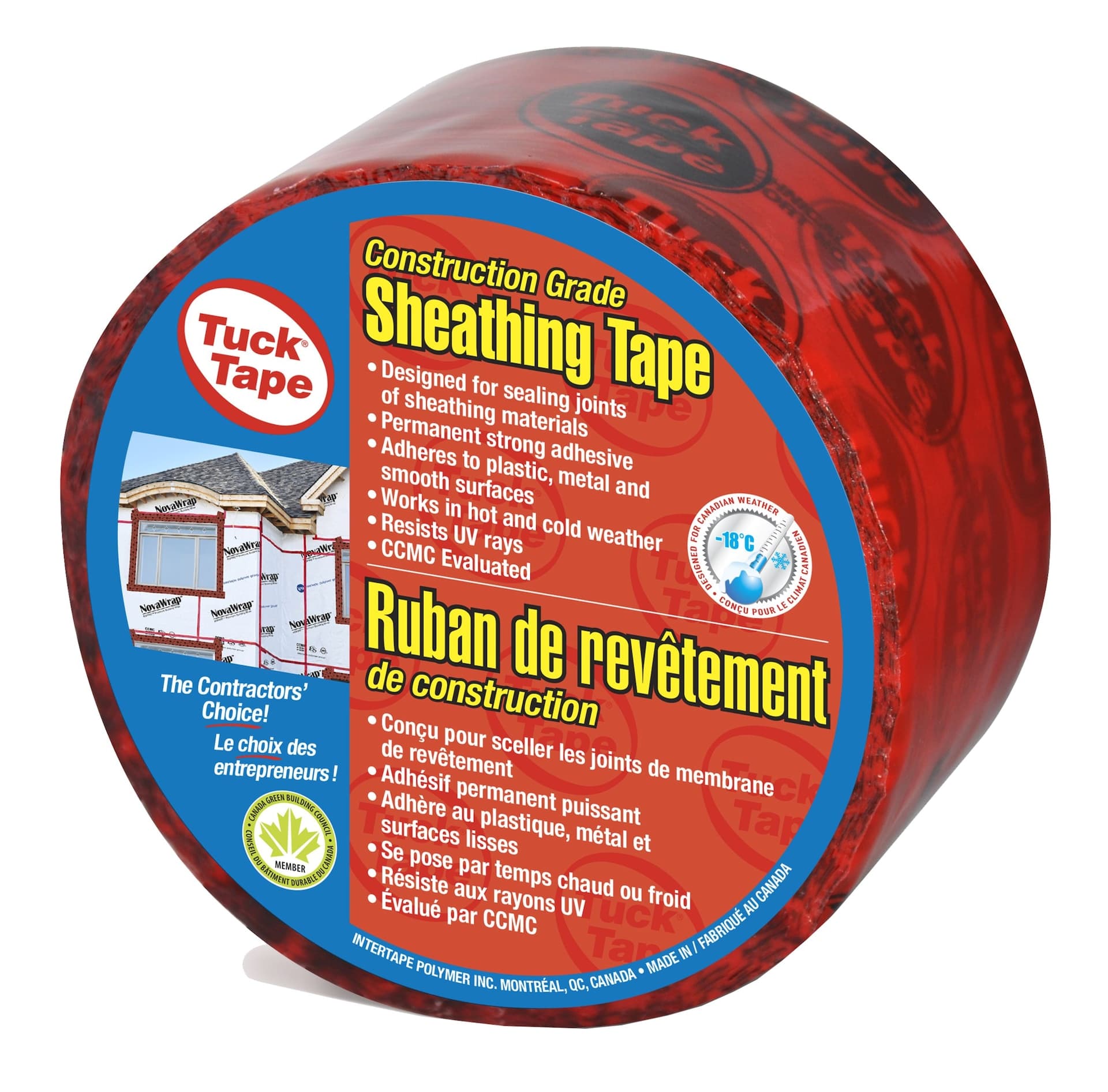 Tuck Tape Construction Grade Sheathing Tape, Weather & Water-Resistant, Red, 60-mm x 55-m