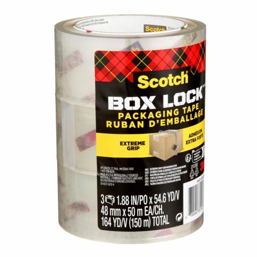 Scotch® Box Lock™ Packaging Tape for Shipping/Moving/Storage, Clear, 1.88-in x 54.6-yd (48mm x 50m) Roll, 3-pk