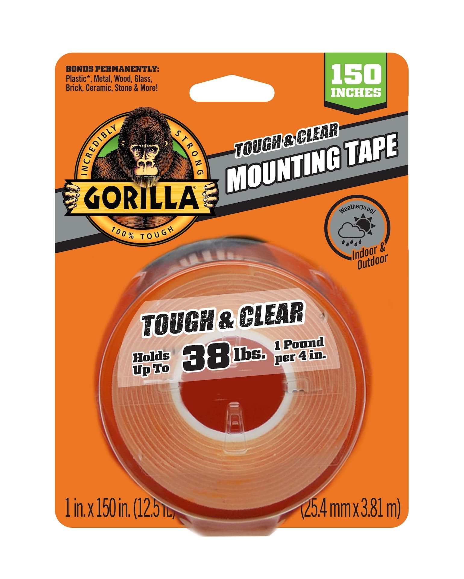 Gorilla Tough & Clear Double-Sided Mounting Tape, Weatherproof, Holds 38-lbs, 1 x 150-in
