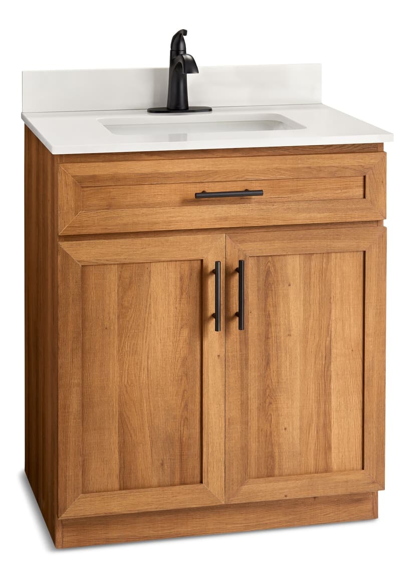 CANVAS Danville Double Door Single Sink Stone Top Bathroom Vanity, Honey Oak, 30-in