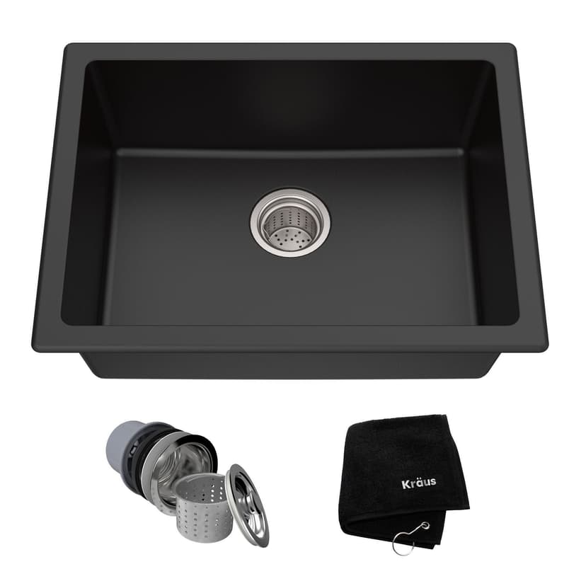 Kraus Quarza Top/Undermount Granite Single Bowl Kitchen Sink, Black Onyx, 24x18x9-in