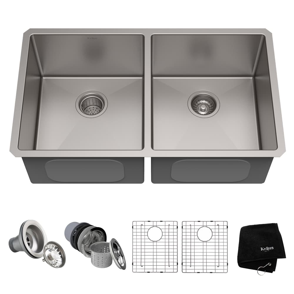 Kraus Standard PRO™ Undermount Stainless Steel Double Bowl 50/50 Kitchen Sink, 33x19x10-in