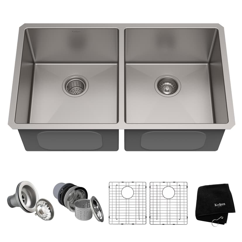 Kraus Standard PRO™ Undermount Stainless Steel Double Bowl 50/50 Kitchen Sink, 33x19x10-in