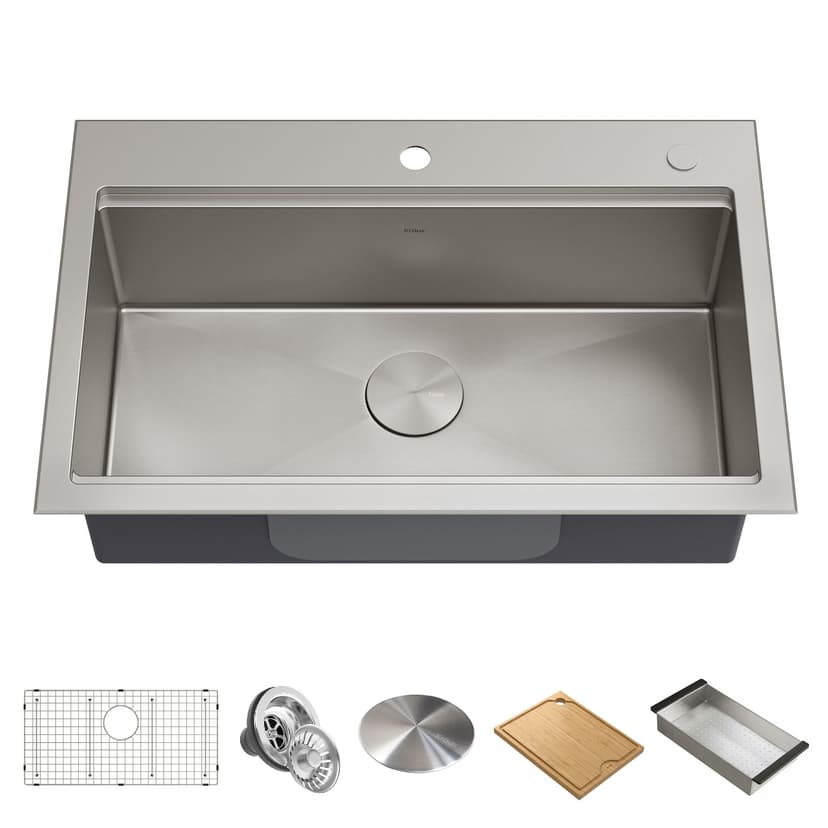 Kraus Kore™ Top/Undermount Stainless Steel Single Bowl Kitchen Sink with Add-Ons, 32x21x9-in