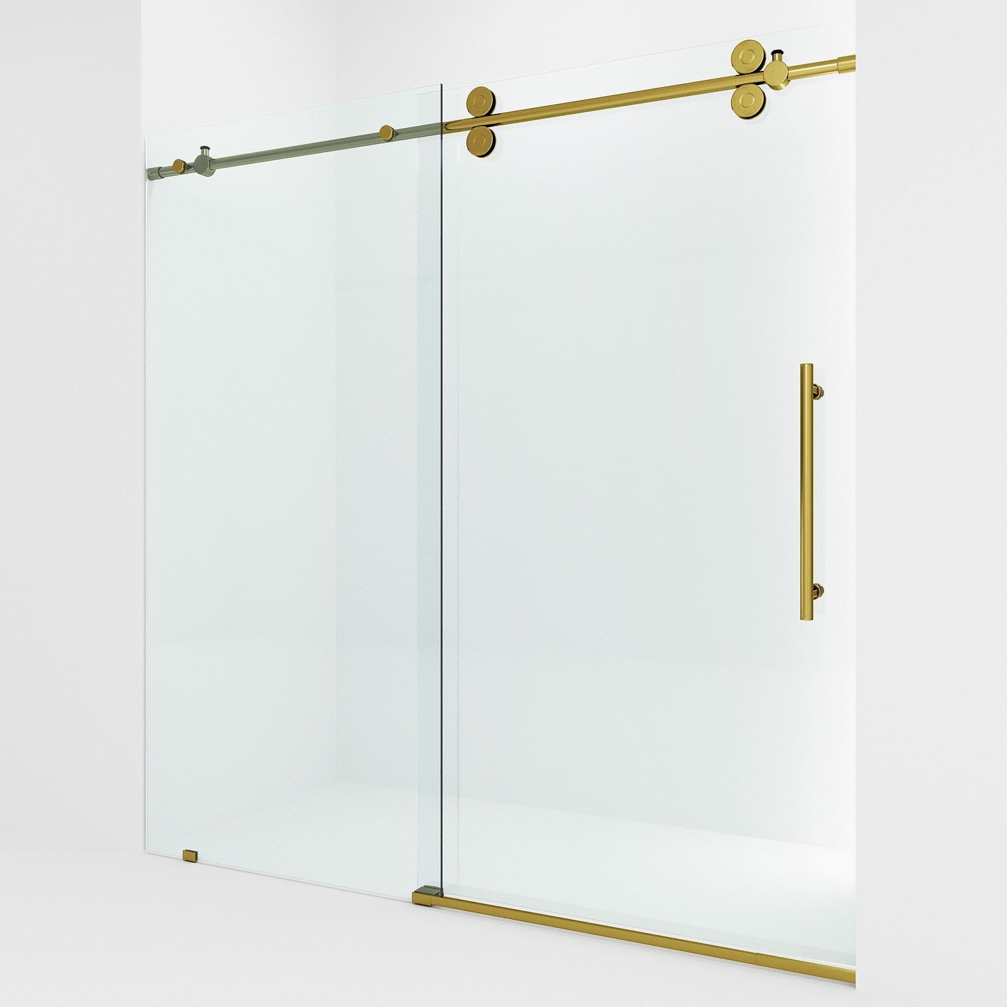 VIGO Elan Frameless Adjustable Sliding Shower Door with Clear Glass, Matte Brushed Gold, 72x74-in