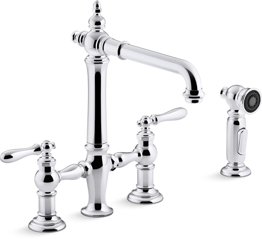 Kohler Artifacts® Deck Mount Bridge Kitchen Sink Faucet with Lever Handles and Sidespray, Polished Chrome