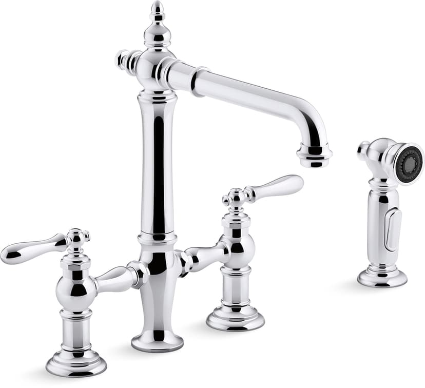 Kohler Artifacts® Deck Mount Bridge Kitchen Sink Faucet with Lever Handles and Sidespray, Polished Chrome