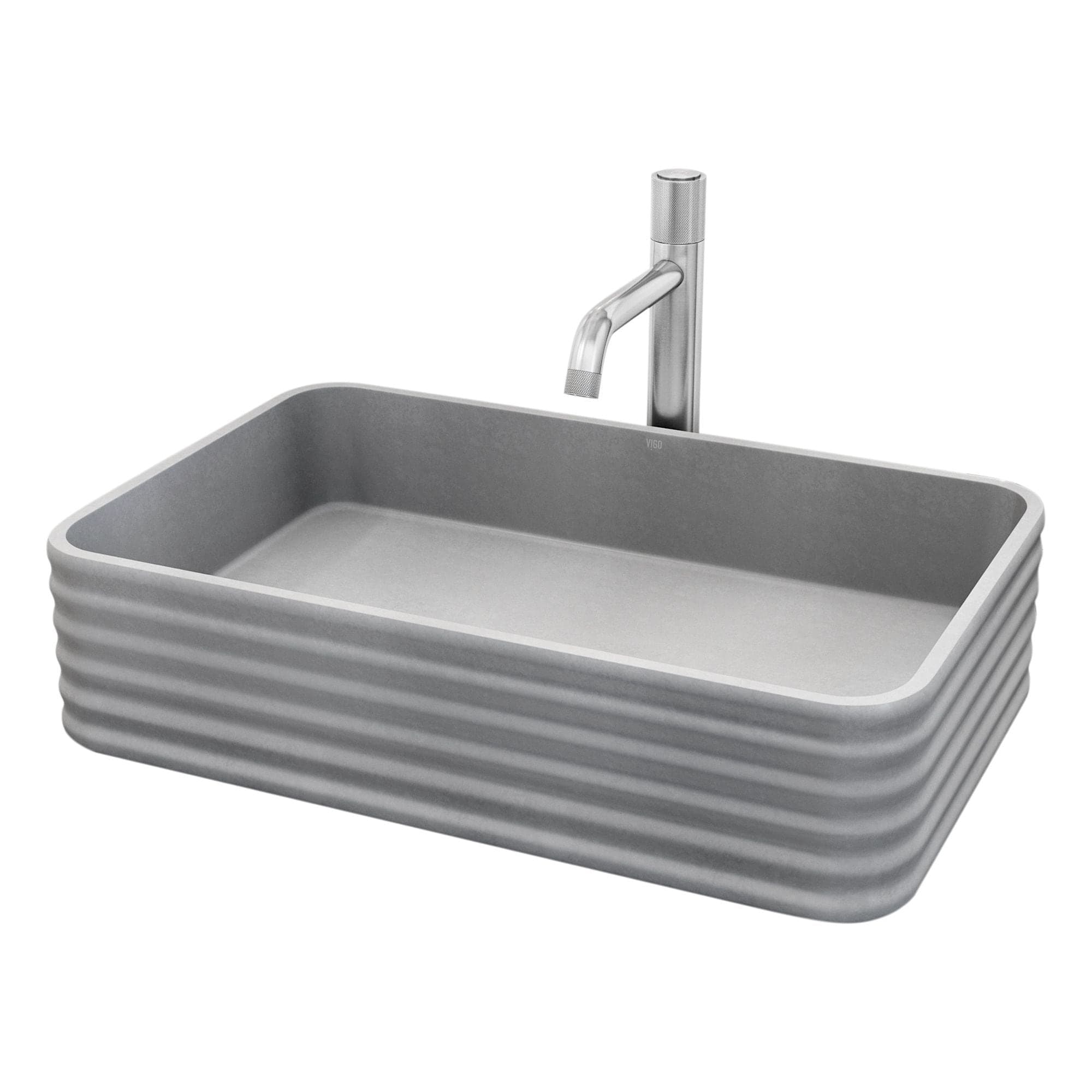 VIGO Cadman ConcretoStone™ Grey Bathroom Sink/Basin Set with Apollo Faucet and Rectangular Vessel